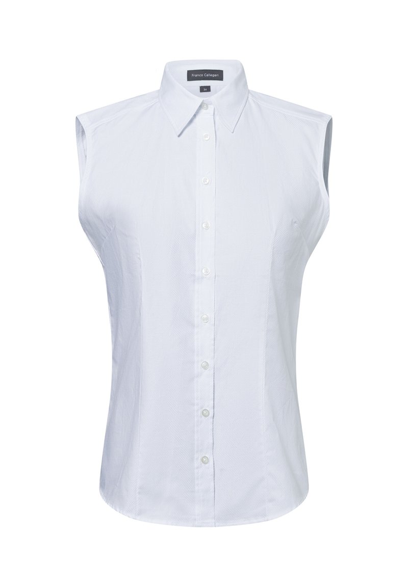 Witte mouwloze shirt met een puntige kraag, voorzien van een knoopsluiting aan de voorkant en een gestructureerde stof, slim fit met een gebogen rand.