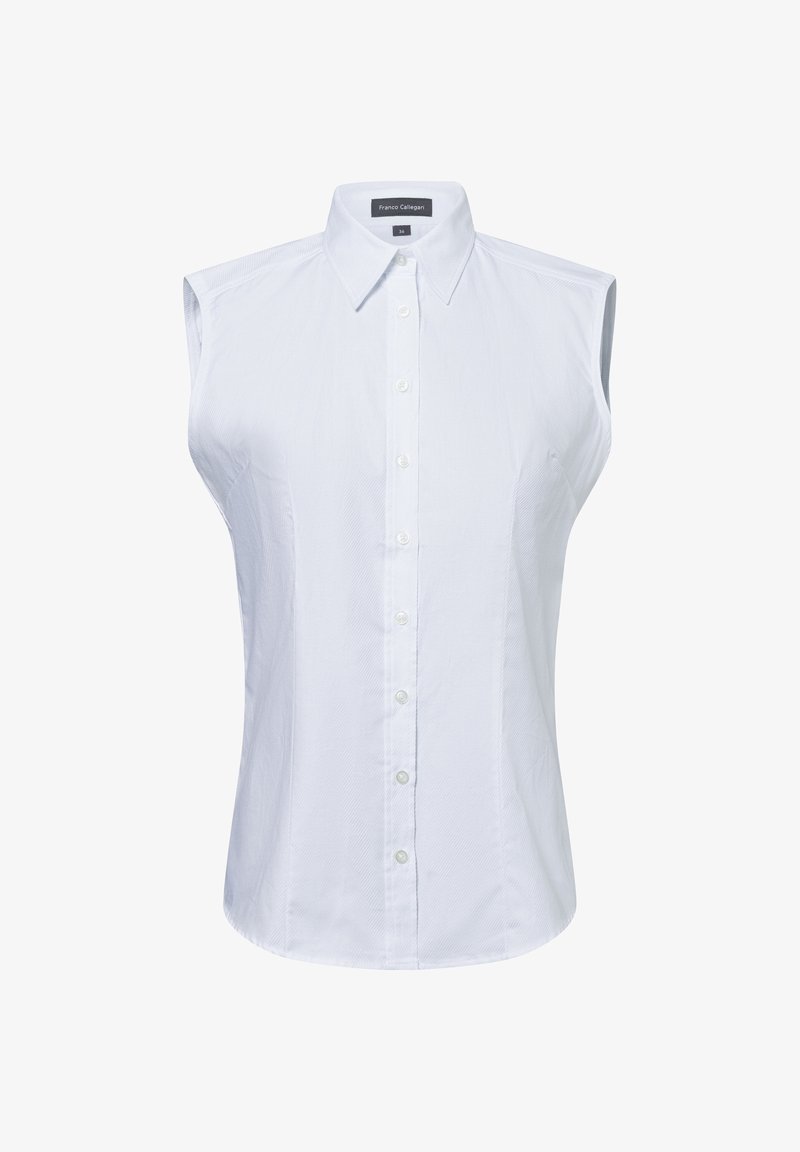 Weißes ärmelloses Hemd mit spitzem Kragen, mit Knopfleiste vorne und strukturierter Stoffqualität, taillierte Passform mit abgerundetem Saum.