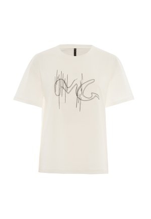 T-shirt bianca in cotone con maniche corte, collo rotondo e un design centrale a linea nera che somiglia alle lettere "MC."