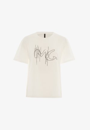 T-shirt bianca in cotone con maniche corte, collo rotondo e un design centrale a linea nera che somiglia alle lettere "MC."