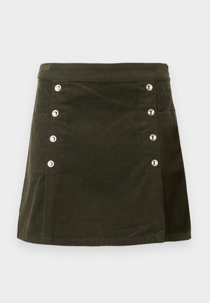 Olivgrüner Cordrock mit fünf silberfarbenen Knöpfen auf der Vorderseite und einer Seiten- tasche, mit gerader Schnittführung und subtiler Textur.