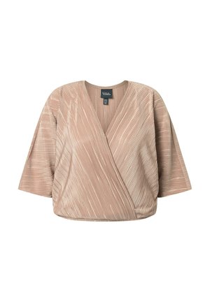 Beige geplooide wikkelblouse met driekwart mouwen, V-hals en zacht gestructureerde stof.