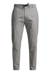 Pantalon gris à carreaux avec taille à cordon, coupe fuselée et tissu texturé. Présente un motif subtil sur toute la surface.