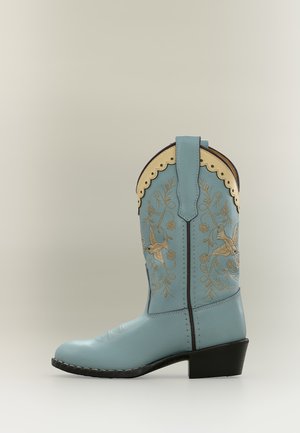 Φωτεινό γαλάζιο καουμπόικο μπότα με κρεμ πλαϊνό με κυματιστό τελείωμα, κεντήματα με λουλούδια και πουλιά, μαύρη σόλα και μεσαίο τακούνι, εμφανιζόμενη από την εξωτερική πλευρά.