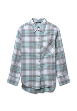 Chemise à carreaux bleu clair et blanche avec des accents gris, boutonnée à l'avant, avec une poche poitrine unique et des manches longues. Fabriquée en tissu doux.