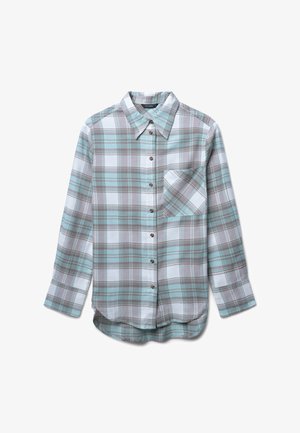 Camicia a quadri blu chiaro e bianca con dettagli grigi, davanti con bottoni, taschino singolo sul petto e maniche lunghe. Realizzata in tessuto morbido.