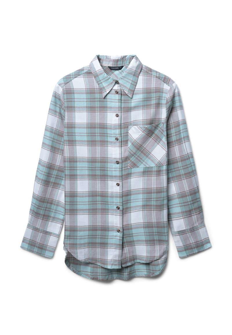 Hellblau-weiße Karobluse mit grauen Akzenten, Knopfleiste, einer Brusttasche und langen Ärmeln. Hergestellt aus weichem Stoff.