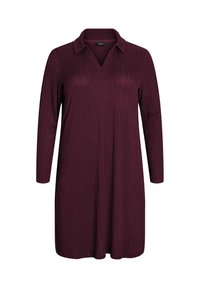 Burgundy långärmad stickad klänning med krage och V-ringning, med ett strukturerat mönster genom hela. Avslappnad passform, knälång design.