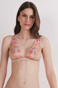 Beige driehoekige bralette met bloemenborduurwerk in roze en oranje. Zachte stof met gedetailleerde accenten en verstelbare bandjes.