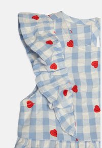 Abito a quadri blu e bianchi con maniche a volantino, caratterizzato da ricami a forma di cuore rossi e una chiusura a bottoni sul retro. Tessuto in cotone testurizzato.