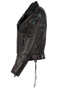 Schwarze Leder-Motorradjacke mit tailliertem Schnitt, versehen mit grünen Sternakzenten auf den Schultern und strukturiertem Rippstrick an den Ärmeln.