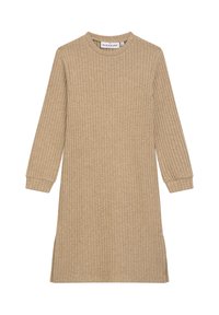 Geripptes, knielanges Kleid in hellbeige mit langen Ärmeln, rundem Ausschnitt, seitlichen Schlitzen und einer strukturierten Stoffoberfläche.