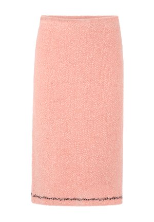 Pink textured knee-length pencil skirt with straight cut and subtle black stitching detail near the hem.