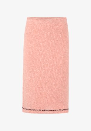 Pink textured knee-length pencil skirt with straight cut and subtle black stitching detail near the hem.