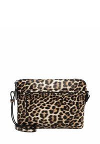 Borsa a tracolla con stampa leopardata e dettagli in pelle nera, tasca frontale con zip, tracolla regolabile e forma rettangolare elegante.