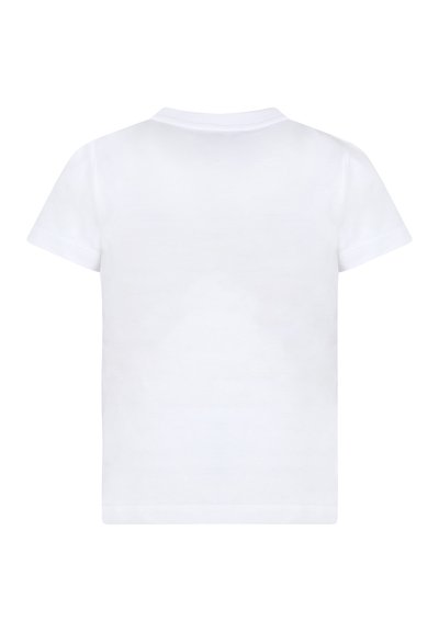 T-shirt bianco in cotone a maniche corte con orlo dritto e scollatura a costine. Tessuto liscio, senza fantasie né grafiche.