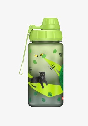 Green plastic water bottle with a textured finish. Features a black panther illustration, green leaves, and a threaded cap with a carrying loop.