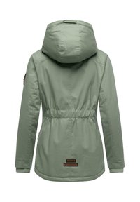 Light green, hooded jacket with cinched waist, elastic cuffs, and brown logo accents. Smooth texture with a simple design and no additional patterns.