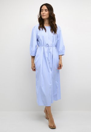 Blue and white striped midi dress with puffed sleeves, a tied waist, and a straight silhouette, made from smooth fabric.