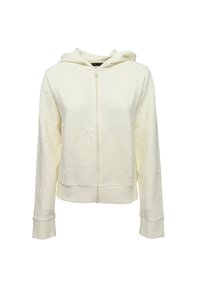 Felpa bianca con zip frontale, realizzata in tessuto strutturato con lettere in rilievo su tutta la superficie, dotata di cappuccio e polsini e orlo a coste.