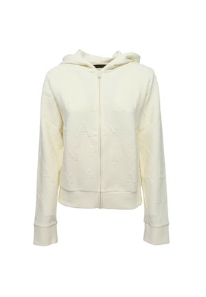 Felpa bianca con zip frontale, realizzata in tessuto strutturato con lettere in rilievo su tutta la superficie, dotata di cappuccio e polsini e orlo a coste.