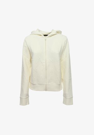 Felpa bianca con zip frontale, realizzata in tessuto strutturato con lettere in rilievo su tutta la superficie, dotata di cappuccio e polsini e orlo a coste.