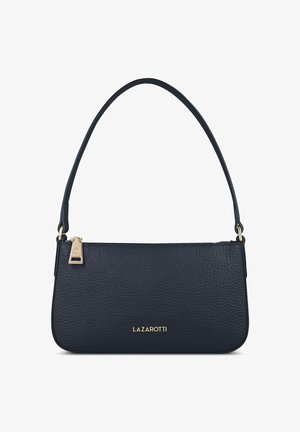 Borsa a tracolla in pelle blu navy con una texture a granuli, chiusura con zip e dettagli in oro. Presenta una sola tracolla e un logo.