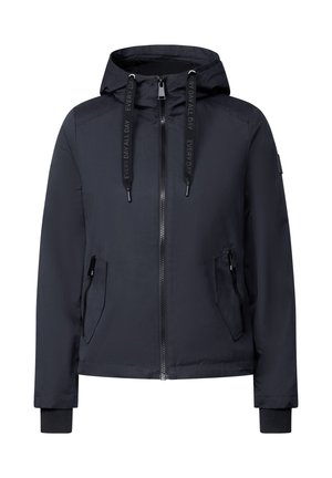 Veste zippée bleu marine avec capuche, dotée de cordons de serrage ajustables, de deux poches zippées à l'avant et de poignets côtelés noirs. Matière lisse et légère.