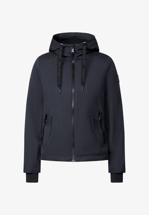 Marine blauwe hoodie met rits, voorzien van verstelbare trekkoorden, twee voorste ritszakken en zwarte ribgebreide boorden. Glad, lichtgewicht materiaal.