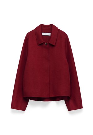 Red wool jacket with a single top button, pointed collar, long sleeves, and two side pockets, displayed against a white background.
