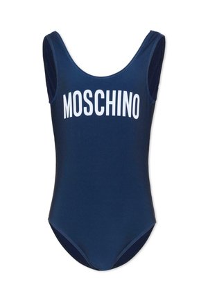 Maillot de bain sans manches bleu marine avec le texte blanc "MOSCHINO" sur la poitrine, présentant un décolleté rond et des ouvertures de jambe taille haute.