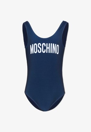 Bañador sin mangas azul marino con texto blanco "MOSCHINO" en el pecho, con escote redondo y aperturas laterales altas.