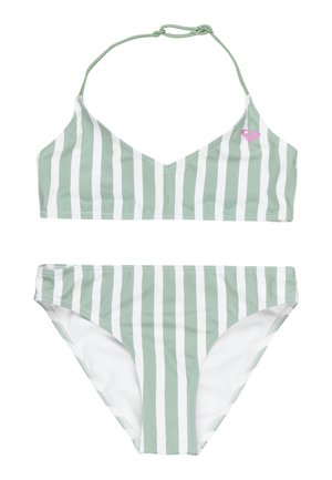 Bikini set pruhovaný v mentolovo zelenej a bielej farbe, ktorý sa skladá z topu s V-výstrihom a nastaviteľnými ramienkami, a slabo zvýšených bikín.