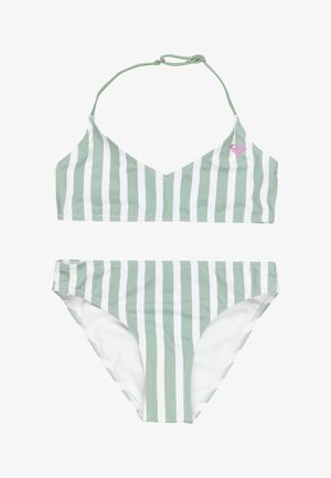 Bikini set v mátové zelené a bílé pruhy, který obsahuje top s V-výstřihem a nastavitelné ramínka, spolu s odpovídajícími nízkými kalhotkami.