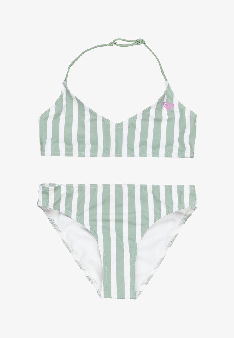 Zestaw bikini w miętowe i białe paski, składający się z topu z dekoltem w V i regulowanymi ramiączkami oraz dopasowanych majtek typu bikini o niskim stanie.