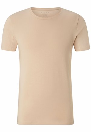 Beige T-Shirt mit kurzen Ärmeln, aus weicher Stoffqualität, mit Rundhalsausschnitt und dezenten Nahtdetails, sowie einer glatten Textur.