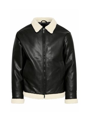 Chaqueta de cuero negra con un cuello y puños de borrego. Cuenta con un cierre frontal y bolsillos laterales para mayor utilidad. Diseño elegante y ajustado.
