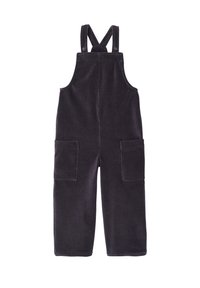 Dark gray corduroy overalls with adjustable straps, two front pockets, and a straight cut. Textured fabric with vertical ridges.