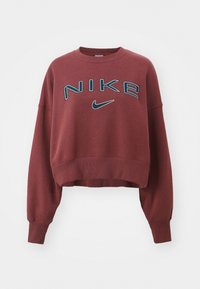 Vínová zkrácená mikina s modrým logem "NIKE" a švinou. Má pružné manžety a lem, vyrobená z měkké, strukturované tkaniny.