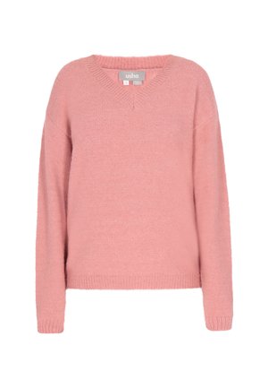 Lyserød V-hals sweater lavet af blødt, tekstureret stof. Har lange ærmer og en afslappet pasform med ribbede manchetter og nederkante. Brandmærket er synligt.