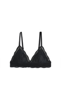 Bralette noir en dentelle avec des bonnets triangulaires, des bretelles réglables et un bord festonné. Présente un motif floral en dentelle et une texture douce.