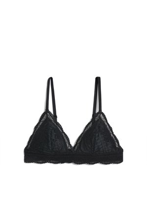 Bralette noir en dentelle avec des bonnets triangulaires, des bretelles réglables et un bord festonné. Présente un motif floral en dentelle et une texture douce.