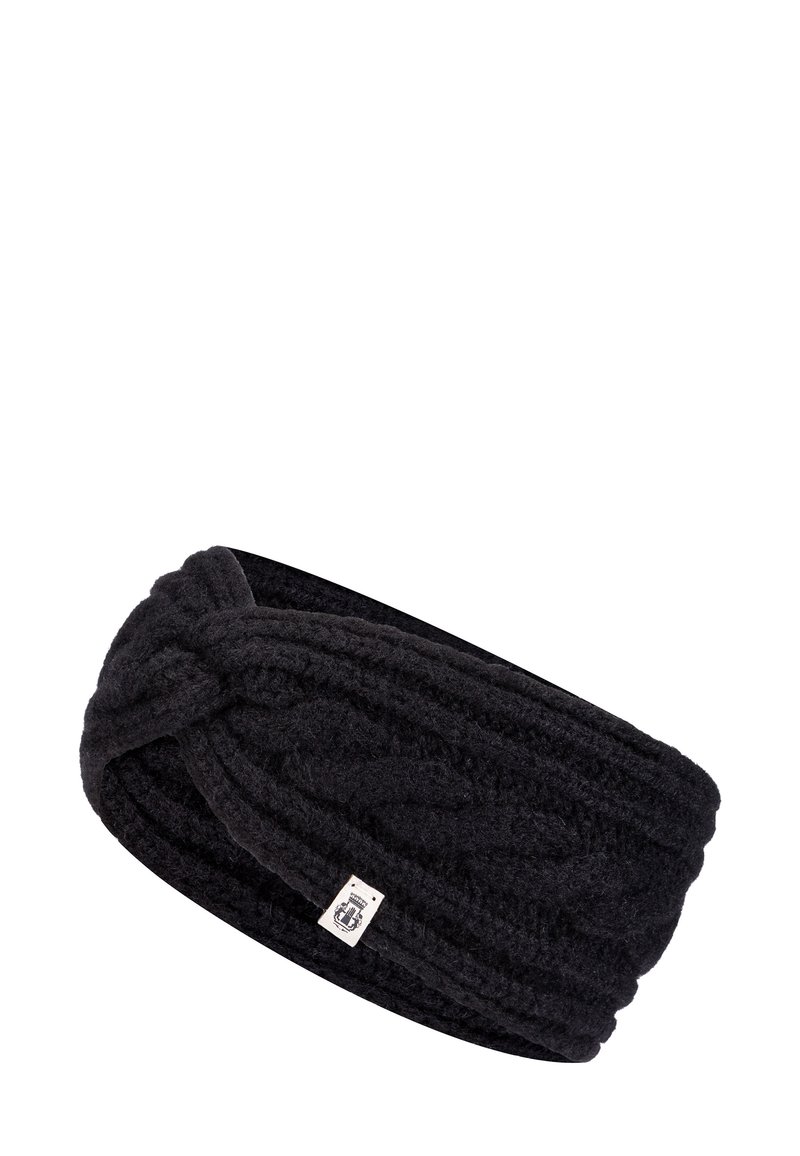 Schwarzes, gestricktes Stirnband aus strukturiertem Stoff mit einem verdrehten Design an der Vorderseite und einem kleinen Logo-Tag an der Seite.