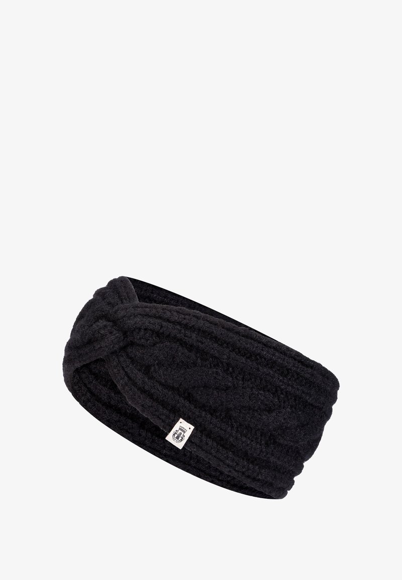 Schwarzes, gestricktes Stirnband aus strukturiertem Stoff mit einem verdrehten Design an der Vorderseite und einem kleinen Logo-Tag an der Seite.