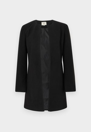 Black long-sleeve open-front coat with no collar, straight cut, and smooth inner lining.