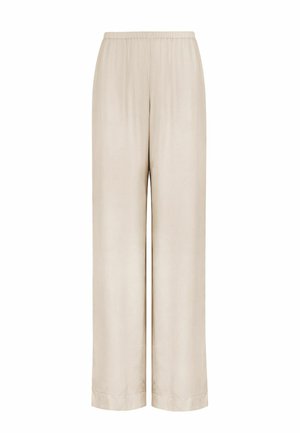 Pantalon beige à jambes larges avec une taille élastiquée et des ourlets retroussés, présenté sur un fond blanc.