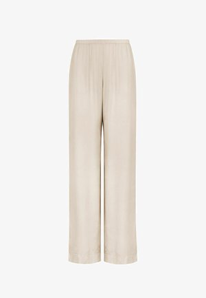 Pantalon beige à jambes larges avec une taille élastiquée et des ourlets retroussés, présenté sur un fond blanc.