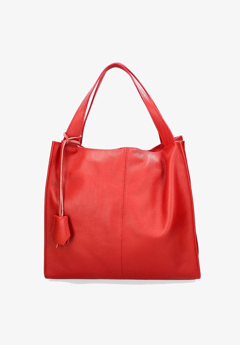 Rode leren draagtas met een zachte, gestructureerde afwerking, dubbele handvatten en een klein bevestigd zakje. Heeft een minimalistisch ontwerp en een ruim interieur.