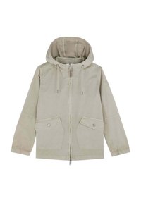 Giacca a cappuccio grigio chiaro con zip frontale, due ampie tasche con pattina e polsini elasticizzati. Presenta cordini e dettagli di cucitura minimi.