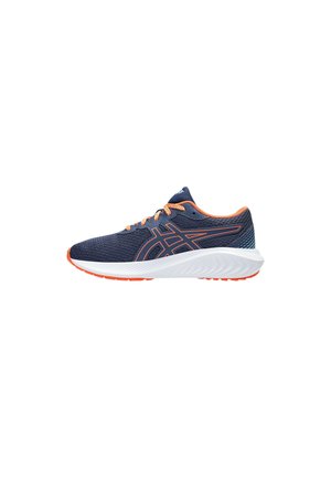 Scarpa da corsa in rete blu con accenti arancioni, caratterizzata da una superficie texturizzata, design leggero e suola in gomma bianca con modelli di battistrada.